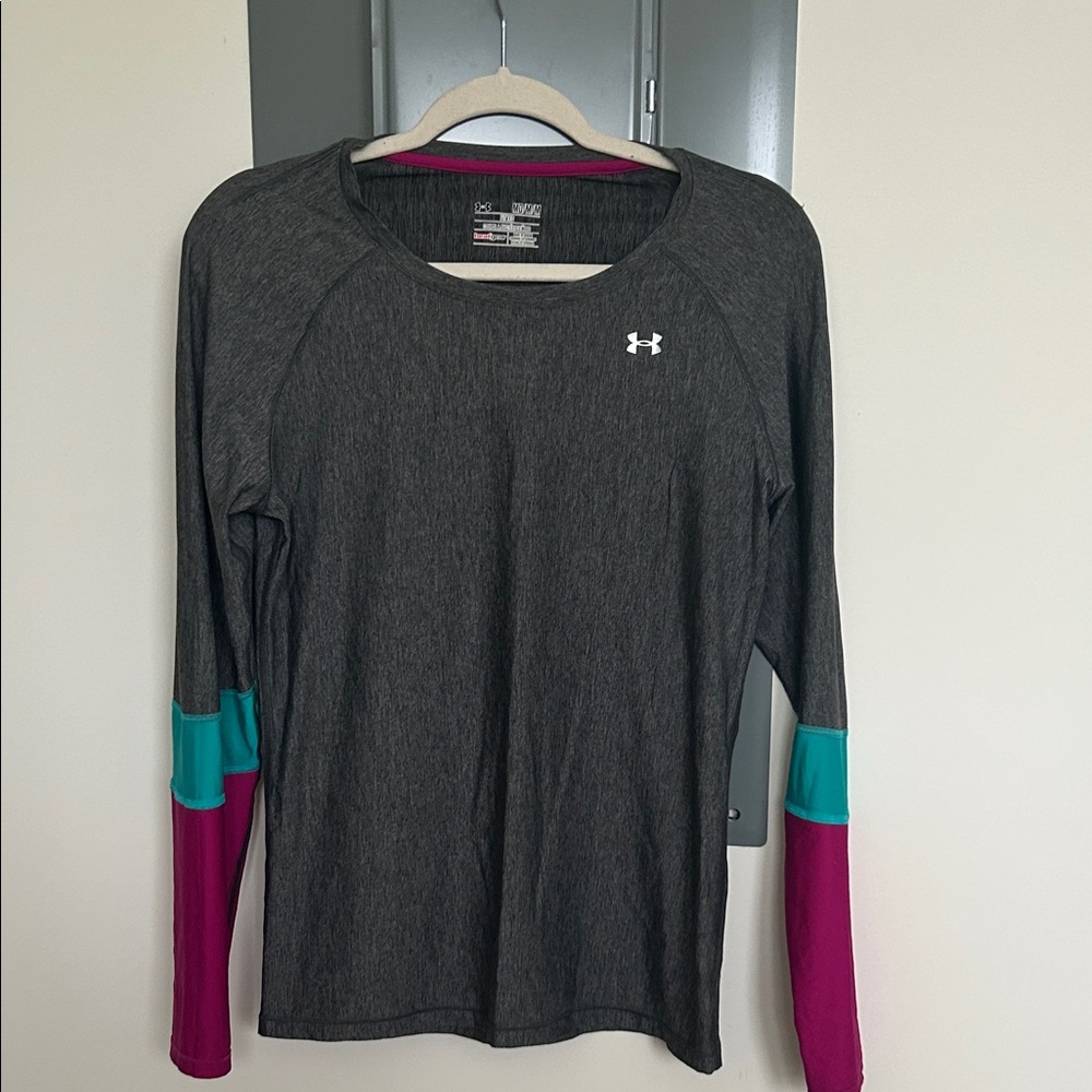 Under Armour Women's Charcoal Long Sleeve Top with Pink and Teal Accents